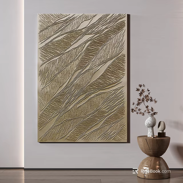 Abstract Textured Wall Art With Gold Patterns And Ceramic Vase Decorations 3d model