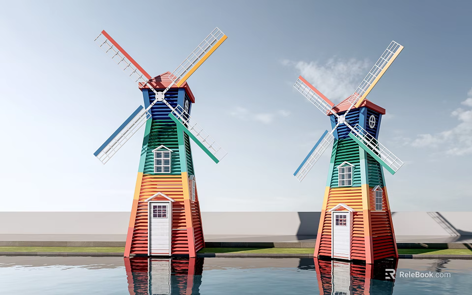 Colorful Wooden Playground Windmill Equipment With Rotating Blades And Windows 3d model 