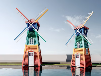 Colorful Wooden Playground Windmill Equipment With Rotating Blades And Windows 3d model