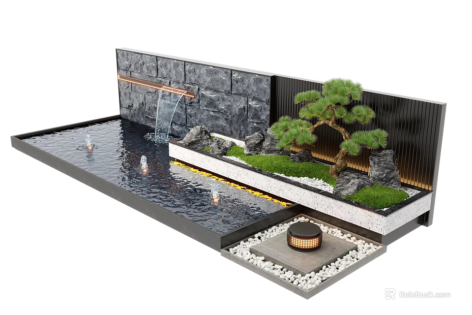 Stone Landscape Feature Wall With Flowing Waterfall Water Pool Pine Tree And Green Plants 3d model