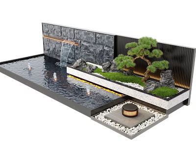 Stone Landscape Feature Wall With Flowing Waterfall Water Pool Pine Tree And Green Plants 3d model