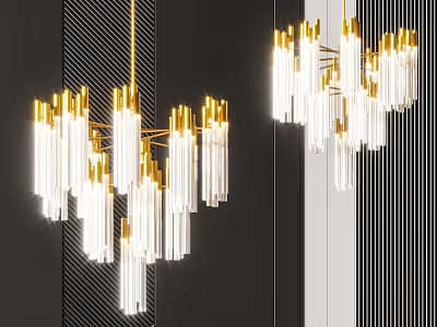 Modern Gold Metal Chandelier With Transparent Tubes Illuminating Interior Against Striped Wall 3d model