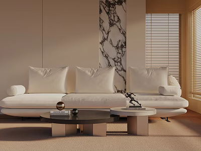 Three Seater Sofa Living Room Interior With White Upholstery Marble Wall And Coffee Table 3d model