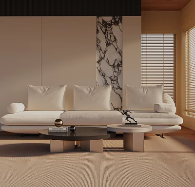 Three Seater Sofa Living Room Interior With White Upholstery Marble Wall And Coffee Table 3d model