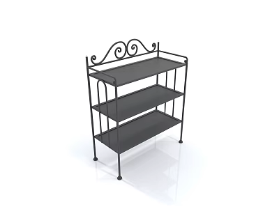 Black Three Tier Metal Storage Shelf With Iron Scroll Design For Home 3d model