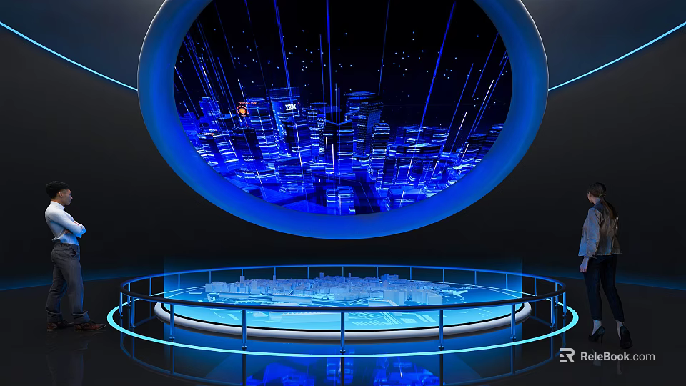 Commercial Equipment With Interactive 3D City Model On Circular Blue Lighting Platform 3d model 