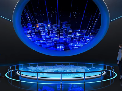 Commercial Equipment With Interactive 3D City Model On Circular Blue Lighting Platform 3d model