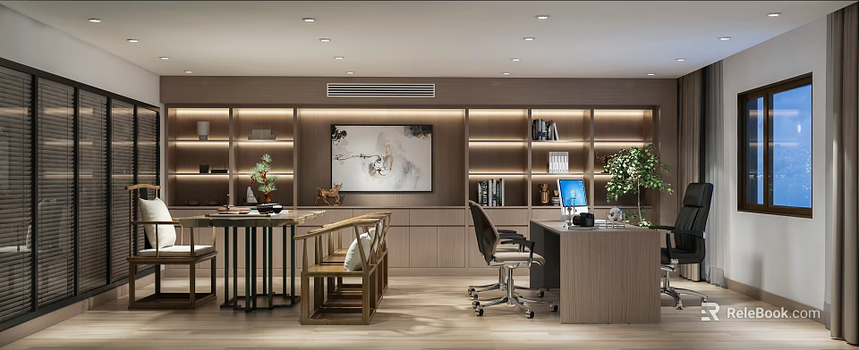 Modern Office Interior Design With Wooden Bookshelves Desk Computer Green Plant And Decorative Painting 3d model 