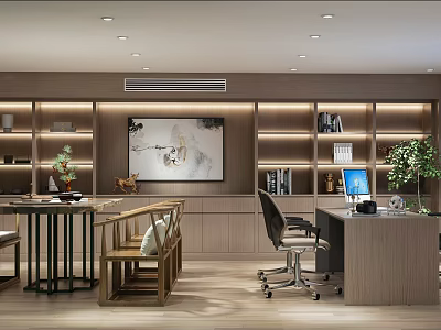 Modern Office Interior Design With Wooden Bookshelves Desk Computer Green Plant And Decorative Painting 3d model