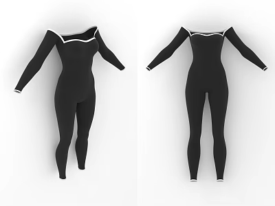 Stylish Slim Fit Black Long Sleeve Bodysuit With White Trim Details 3d model