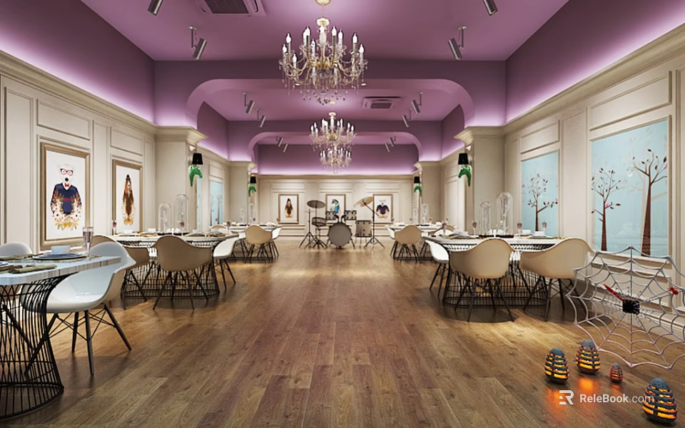 Elegant Restaurant Interior With Purple Walls Crystal Chandeliers Wooden Floors White Tables Chairs Art Paintings 3d model 