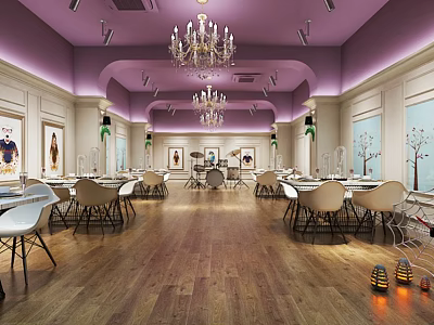 Elegant Restaurant Interior With Purple Walls Crystal Chandeliers Wooden Floors White Tables Chairs Art Paintings 3d model