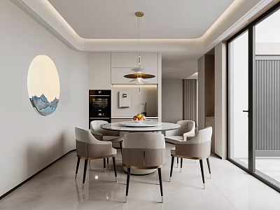 Elegant Modern Dining Room Interior With Round Table Chairs And Pendant Light White Cabinets 3d model