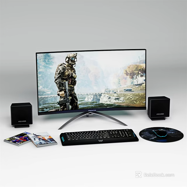Gaming Computer Setup With Monitor Displaying Game Character Black Speakers Keyboard And Game Discs 3d model 