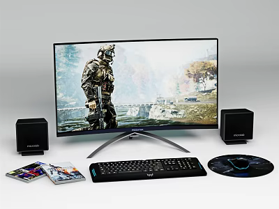 Gaming Computer Setup With Monitor Displaying Game Character Black Speakers Keyboard And Game Discs 3d model
