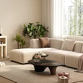 Cozy Beige Sofa And Coffee Table Set With Pillows Blanket Plants And Living Room Decor