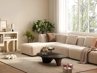 Cozy Beige Sofa And Coffee Table Set With Pillows Blanket Plants And Living Room Decor 3d model