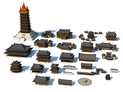Ancient Architecture Complex With Multi Layered Tower And Traditional Roofed Buildings 3d model