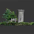 Medieval Stone Tower Model With Lush Green Vegetation And Stone Archway Details
