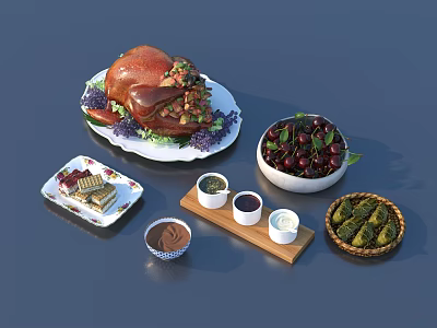 Roasted Turkey Platter With Fresh Cherries Assorted Pastries Dips And Pickles 3d model