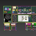 Educational Classroom Wall Hangings with Welcome Messages Charts Student Supplies and Desks in Learning Space