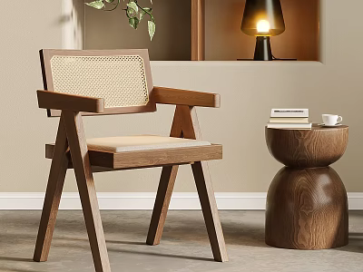 Modern Wooden Leisure Chair With Woven Backrest Beside Side Table With Books And Cup 3d model