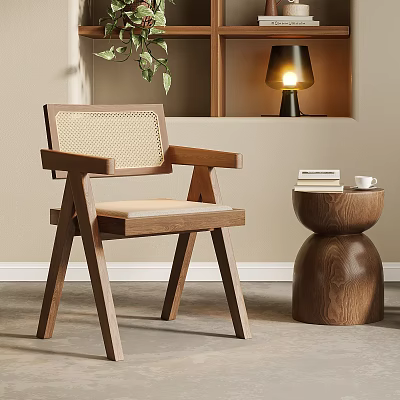Modern Wooden Leisure Chair With Woven Backrest Beside Side Table With Books And Cup 3d model