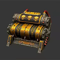 Golden Slot Machine With Skull Decorations And Mechanical Red Accents