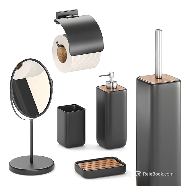 Modern Black Bathroom Accessories With Mirror Soap Dispenser And Wooden Accents 3d model 