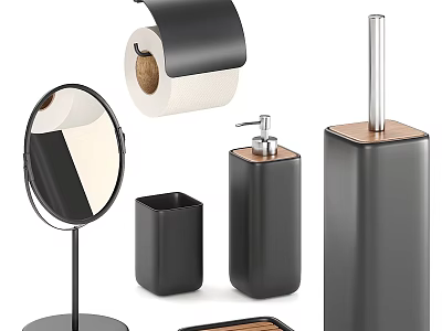 Modern Black Bathroom Accessories With Mirror Soap Dispenser And Wooden Accents 3d model