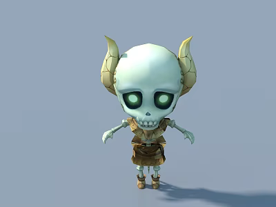 Cute Skeleton Game Movie Character With Golden Horns Green Eyes And Brown Outfit 3d model