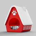 Red And White Pet House With Paw Print Design And Pet Inside
