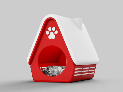 Red And White Pet House With Paw Print Design And Pet Inside 3d model