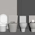 Four Modern Toilets with Open and Closed Lids in Minimalist Bathroom