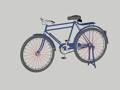 Blue Bicycle With Black Seat Red Spokes And Kickstand On Gray Background 3d model