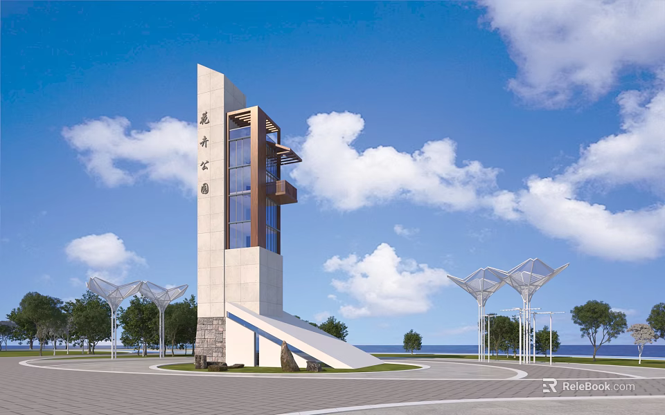 Modern Tower In Seaside Plaza With Ocean And Scenic Structures 3d model 