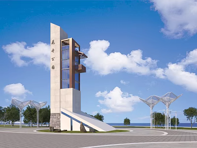 Modern Tower In Seaside Plaza With Ocean And Scenic Structures 3d model