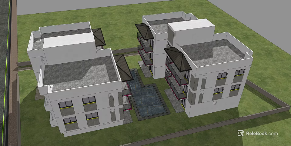 Modern Multi Storey Buildings Featuring Central Courtyard Water Feature And Rooftop Design 3d model 