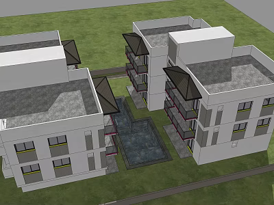 Modern Multi Storey Buildings Featuring Central Courtyard Water Feature And Rooftop Design 3d model