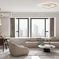 Modern Neutral Open Plan Living And Dining Room With Comfortable Sofas And Panoramic City View
