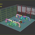 Industrial Equipment Setup With Blue Piping In Facility And Green Wall Structures