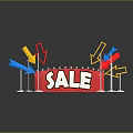 Vibrant Sale Sign with Colorful Arrows Lighting and Reflection on Black Background