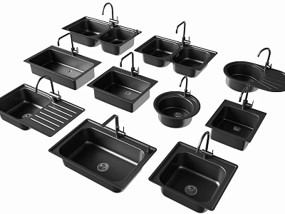 Black Kitchen Sinks With Various Designs Including Single Double Bowls And Draining Boards 3d model