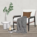 Elegant Armchair With Brown Cushion Checkered Blanket Green Plant And White Stool On Wooden Floor