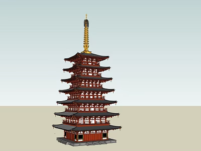 Traditional Multi tiered Tower With Red Brown Structure Ornate Windows Golden Spire And Eaves 3d model