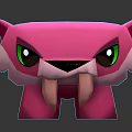 Pink Cartoon Feline Creature With Sharp Fangs Green Eyes Front Side Views And Reflective Background