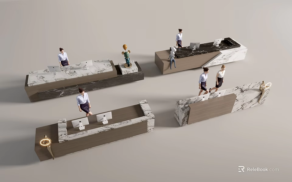 Modern Reception Desk Designs With Marble Counter And Staff Working Efficiently 3d model