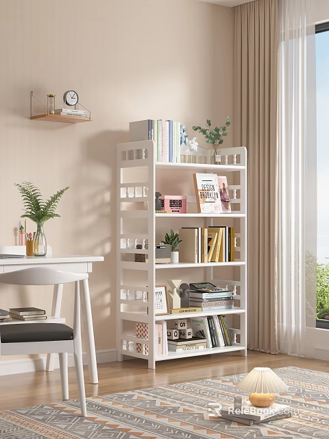 White Modern Bookshelf With Books Small Plants Decorative Items Near Desk And Window 3d model 