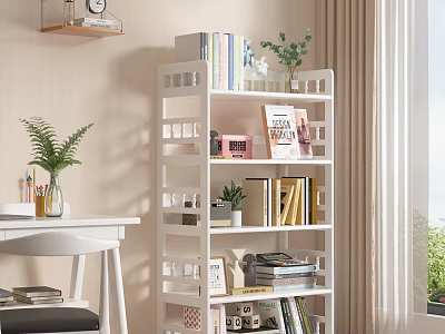 White Modern Bookshelf With Books Small Plants Decorative Items Near Desk And Window 3d model