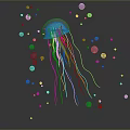 Graceful Blue Jellyfish with Long Tentacles Floating Underwater Among Many Transparent Bubbles